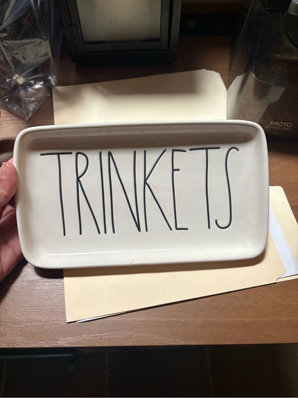 Rae Dunn White Ceramic Trinkets Tray - Black Lettering